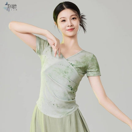 Classical Dance Printed Retro Slim Dance Clothing Tops Chinese Dance Ancient Style Body Training Clothing Short-Sleeved Gauze Clothing