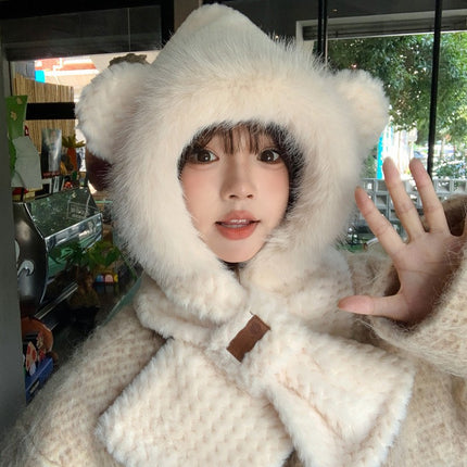 Cute Bear Plush Hat and Scarf Set for Women, Autumn and Winter Thickened Warm Cycling Cold-Proof Ear Protection Lei Feng Hat