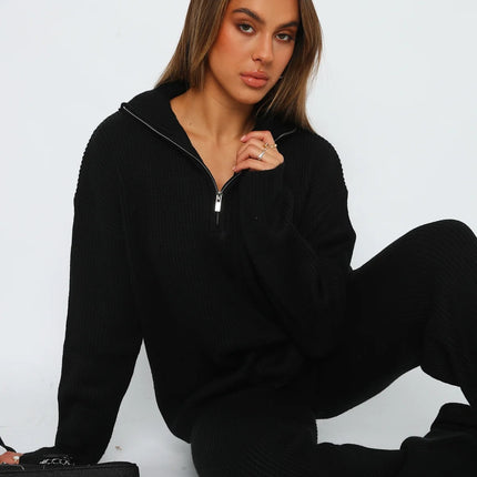 European and American Cross-Border 2026 Autumn and Winter Hot-Selling New Product Two-Piece Casual and Comfortable Lapel Long-Sleeved Sweater Knit Set