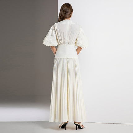Real shot in stock new deep V-neck lace-up bubble sleeve pleated slim dress