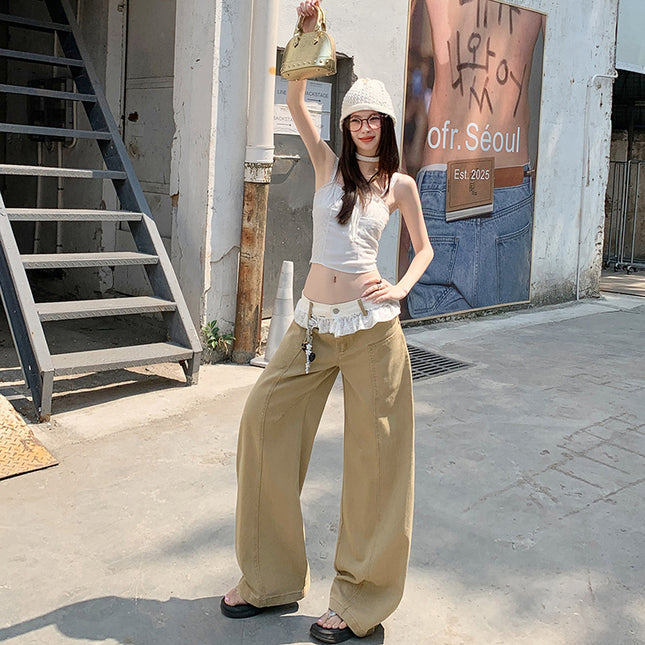 American Style Lace Wide Leg Jeans Women's 2025 Summer New Style Straight Loose High Waist Slimming Scimitar Pants