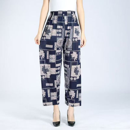 Foreign Trade Plus Size Middle-aged and Elderly Summer Thin Breathable Nine-point Flower Pants Mom Pants Ice Silk Loose Straight Pants
