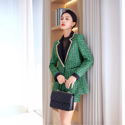 Green Patchwork Tweed Fragrance Waistline Winter Women's Dress Collar Plaid Sequin Single-breasted Jacket with Shorts