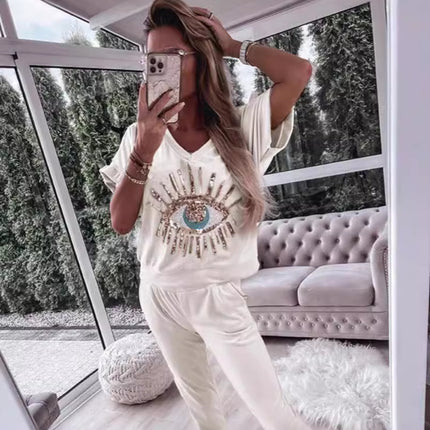 2024 European and American Cross-Border Foreign Trade Women's Summer Evil Eye Sequin Pattern Short-Sleeve Long Pants Set European and American Style