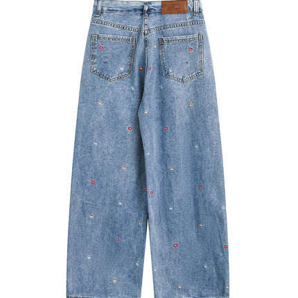 Youthful Campus Style Starry Sky Embroidered Urban Vibe Women's Loose Drape Slimming Straight-Leg Floor-Length Jeans
