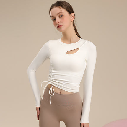 Pleated Drawstring Belt Chest Mat Yoga Suit Women's Hollow Breathable Fitness Outer Wear Sports Top Pilates Slimming Long Sleeve