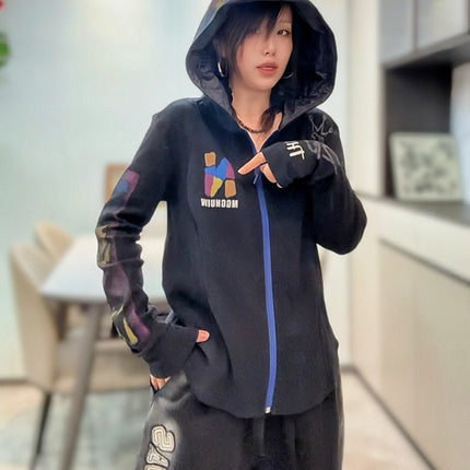 American-Style Cardigan European-Style Hooded Top Thickened 2026 Spring New Women's Curved Letter Print Trendy Brand Women's Clothing