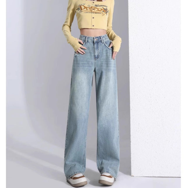 light blue Straight Leg Jeans Women's Trendy All-match New Arrival plus size Loose High Waist Slimming Narrow Wide Leg Long Pants