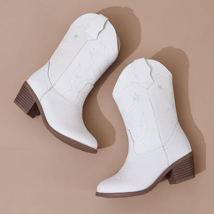 White Embroidered Random Irregular Chunky Heel Round Toe Pedal Elegant Knight Boots New All-Match Fashion Girl Boots