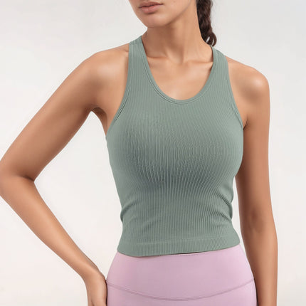 Lulu-Style Ebb Tank Top Sports Yoga Top with Built-In Chest Pad, Racerback, Sweat-Absorbent Ribbed Knit Wholesale