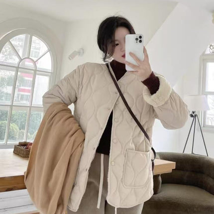 2025 Collarless Lamb Wool Spliced Diamond Plaid Winter K-Style Loose Small Fragrance Style Warm Cotton Coat Women's Cold Protection