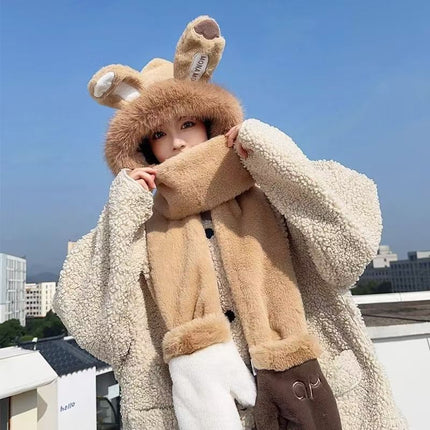 Rabbit Ears Hat Scarf All-In-One Hat for Women Winter Cute Plush Furry Animal Plus Scarf Two-Piece Hat