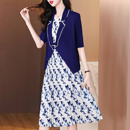 2025 Autumn New Miyake Pleated Fashion Suit Dress for Women, Elegant Small Blazer with Printed Dress Two-Piece Set