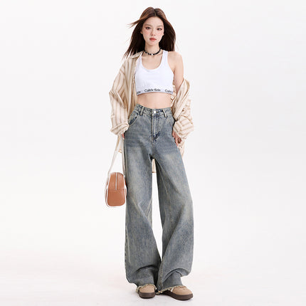 American Style Vintage Old-fashioned High Waist Fur Edge Wide Leg Pants Women's Spring New Straight Loose Slimming All-match Jeans for Women