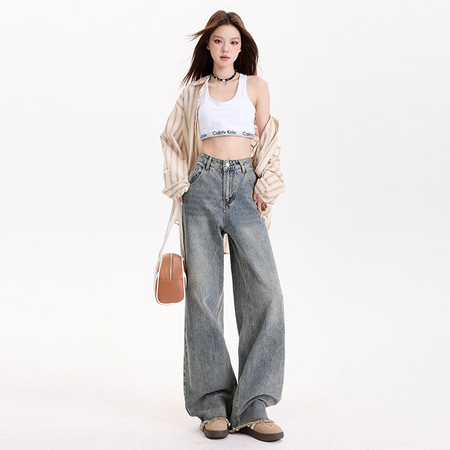 American Style Vintage Old-fashioned High Waist Fur Edge Wide Leg Pants Women's Spring New Straight Loose Slimming All-match Jeans for Women
