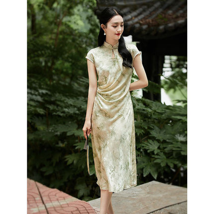 New Chinese Style Imitation Silk Improved Cheongsam dress 2024 Summer New Vintage National Style Green Midi Dress