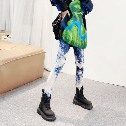 European and American Thin Printed Leggings Women's High Waist Stretch Trousers leggings Denim Tie-Dye Color Outer Wear Leggings
