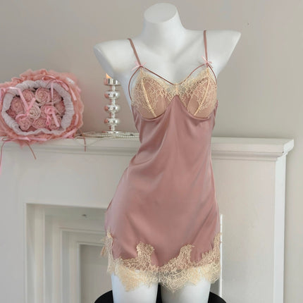 Ice Silk Satin Nightgown with Chest Pads, Lace, Pure Desire Style, Backless, Purple Sexy Nightwear, Loungewear Set with a High-End Feel