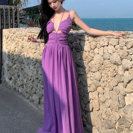 Real shot retro light luxury deep V drawable sexy chiffon suspenders dress famous seaside purple