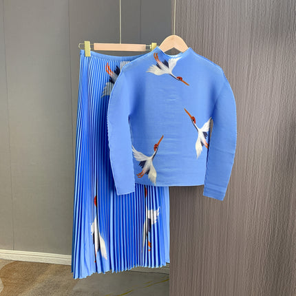 Fashionable casual pleated suit high-grade crane printed high waist skirt long sleeve top two-piece suit women's all-match