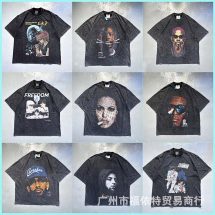 Saint Michael Cho Big Face European and American Retro Washed and Distressed Commemorative Portrait Short-Sleeved T-Shirt Trendy