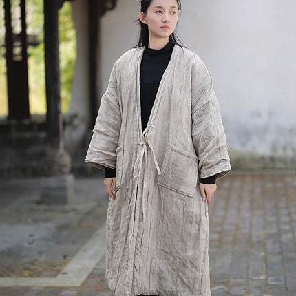 Cotton and Linen Women's Clothing, Retro Ramie Tie-Dyed Cotton Coat, Cool Zen Style, Versatile Warm Lace-Up Cotton Robe
