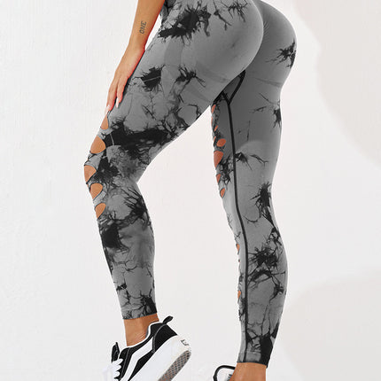 European and American Tie-Dye Hole Yoga Pants Sexy Hip Hollow Sports Tight Pants Women's High Waist Peach Hip Yoga Pants