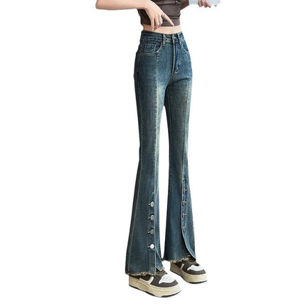 Cement gray frayed micro-blazer jeans women's fashion all-match new split-breasted design horn horseshoe pants