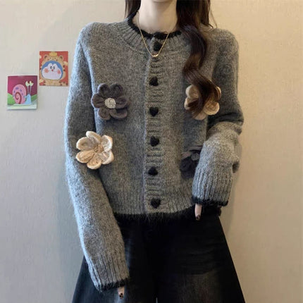 French-Style Floral Round-Neck Sweater Cardigan for Women, Autumn and Winter New Lazy Style Petite Short Knitted Cardigan Trendy