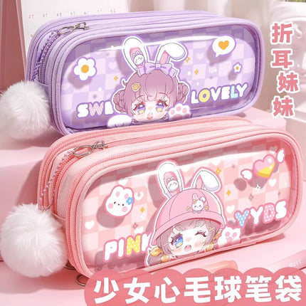 Promotional Classic Foldable Ear Sister Clever Sister Large Capacity Multi-Layer Sweet Style Girl Pom-Pom Lace Pain Pen Bag