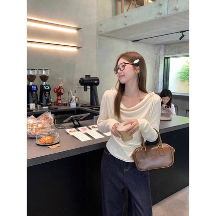 Curly Edge Swing Collar Lazy Style Knitwear 2025 Summer New Korean Style Slim Long-Sleeved Inner Layering Shirt Top for Women