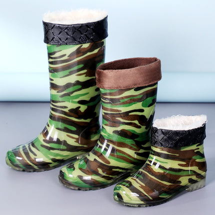 Men's and women's camouflage mid-barrel rain boots waterproof non-slip water boots thick-soled labor water shoes waterproof boots rubber shoes overshoes fleece-lined