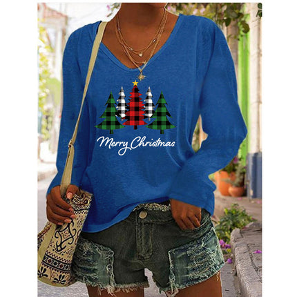 2023 European and American Amazon independent station wish autumn and winter new hot selling women's printed V-neck long sleeve loose T-shirt for women