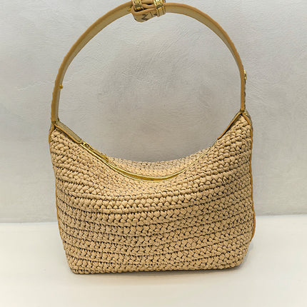 2025 Raffia Fiber Handmade Crochet Shoulder Lunch Box Bag Woven Tote Underarm Bag for Women Versatile Zipper