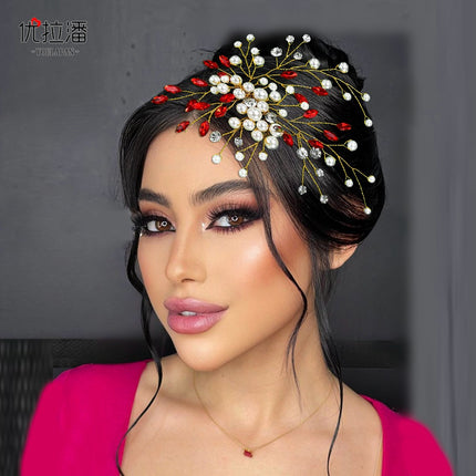 Youlapan European and American Cross-Border Pearl Hair Comb Red Rhinestone Hair Accessory Hairpin Comb Ancient Style Birthday Gift Hp851