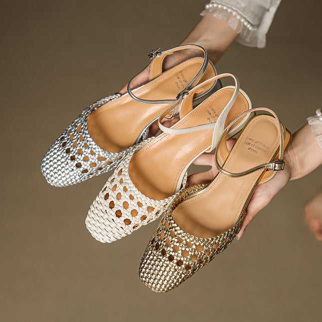 Woven Sandals for Women 2025 Summer New Women's Shoes Hollow Back Strap Clogs Toe-Back Hollow Sandals