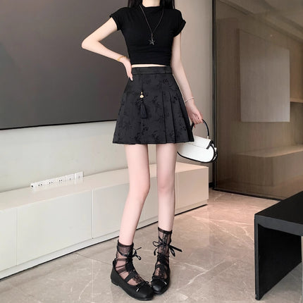 New Chinese A- line Skirt Skirt Women's Early Autumn Black Skirt New Hip Skirt High Waist Slimming Pleated Skirt Free Shipping