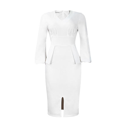 D354 Amazon European and American Women's V-neck Puff Sleeve Split Dress office Pencil Skirt African Dress