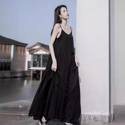 25 Summer Self-Made Long Cotton Dress with Large Hem and Double-Layered Leaf-Patterned Splicing, Two-Color Pure Cotton Strap Dress