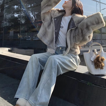 Light color high waist straight tube wide leg jeans women 2024 autumn and winter new fleece-lined thickened loose plus size straight tube mop floor