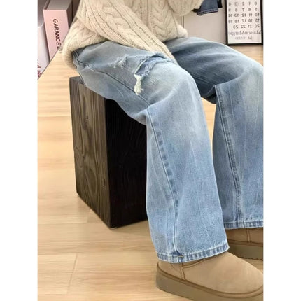 Cross-border Hot-selling American-style Ripped High Waist Wide Leg Jeans Women Spring and Summer New Straight Loose Slimming Mop Pants