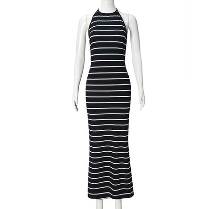 French-Style Cross-Border New Long Dress with Stripes, Halter Neck, Backless, Tie-Up, Sexy, Date-Friendly, Slim-Fitting Dress with an Elegant Style