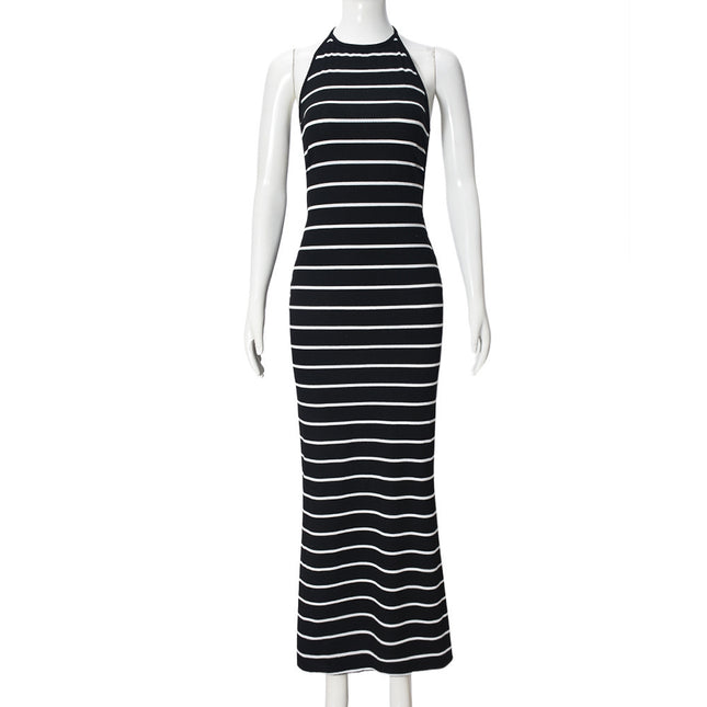 French-Style Cross-Border New Long Dress with Stripes, Halter Neck, Backless, Tie-Up, Sexy, Date-Friendly, Slim-Fitting Dress with an Elegant Style