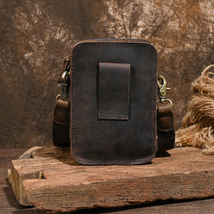 Vintage Men's Genuine Leather Small Bag Top Layer Crazy Horse Leather Crossbody Wearing Belt Mobile Phone Bag Men's Outdoor Casual Hanging Bag Cigarette Bag
