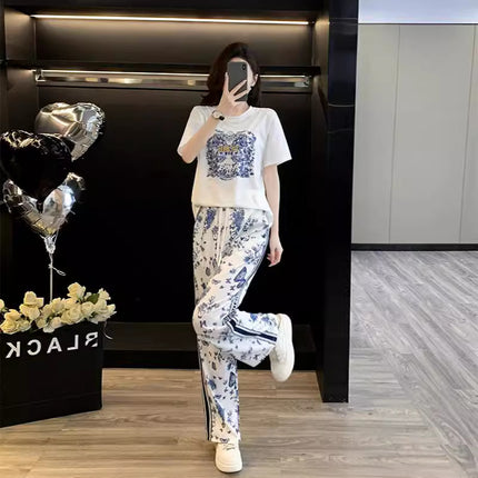Fashionable Age-reducing Casual suit Women Blue and White Porcelain Printed Butterfly High-end Fashion Sports Casual suit Women