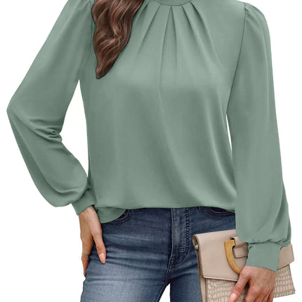 European and American Amazon Cross-Border Autumn and Winter New Long-Sleeved Shirt Small Stand-Up Collar Pleated Front Shirt Casual T-Shirt Top for Women