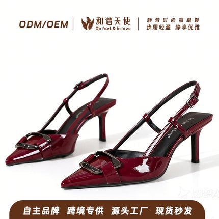Summer New Fashion Shoes Pointed Toe Square Buckle High Heel Sandals with Hollow Back Shallow Mouth Stiletto Heels Fashionable Casual Women's Shoes