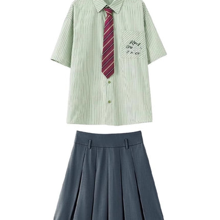 Korean style college style ootd wear women's summer small fresh green striped short sleeve shirt sweet JK pleated skirt