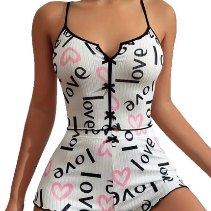 2024 Amazon AliExpress New Product Heart-shaped Printed Contrast Home Clothes Front Split Sling Pajamas suit