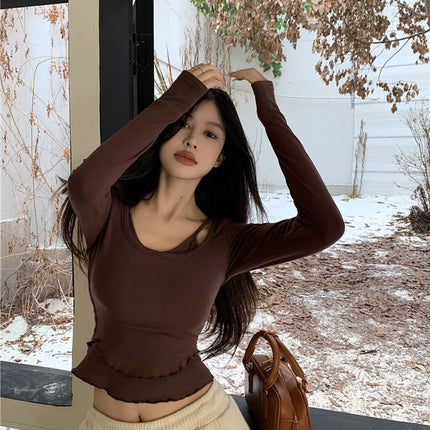 Maillard Spice Girls Fake Two-piece Long-sleeved T-shirt Women's Chunchun Chic Sling Neck Wooden Edge Slim-fit Slimming Top